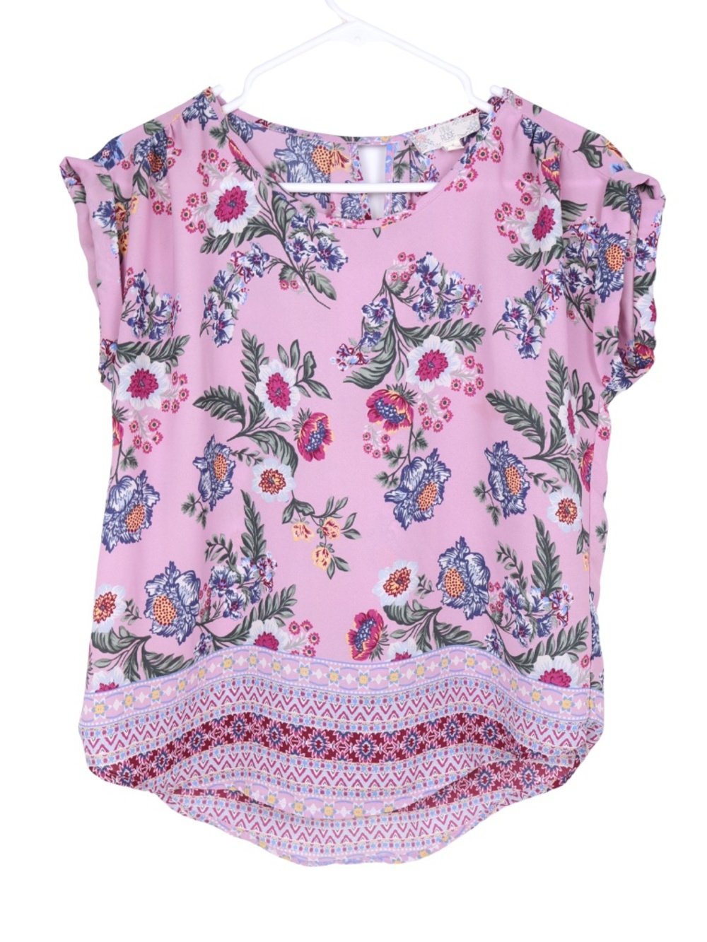 Pink Rose Blouse Womens Small Pink Floral Boho Border Print Short Sleeve Top